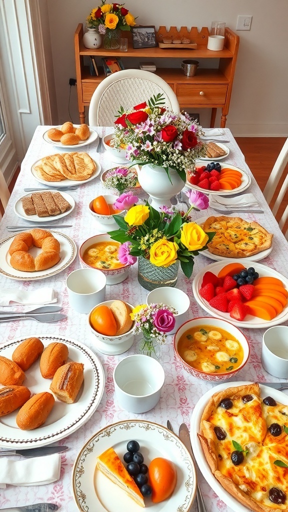 An elegant brunch table with colorful dishes, fresh flowers, and stylish tableware.